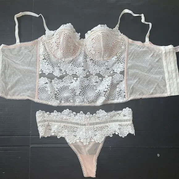 Victoria's Secret 34D BRA SET+36C CORSET+Thong BEIGE white embroidered APPLIQUE